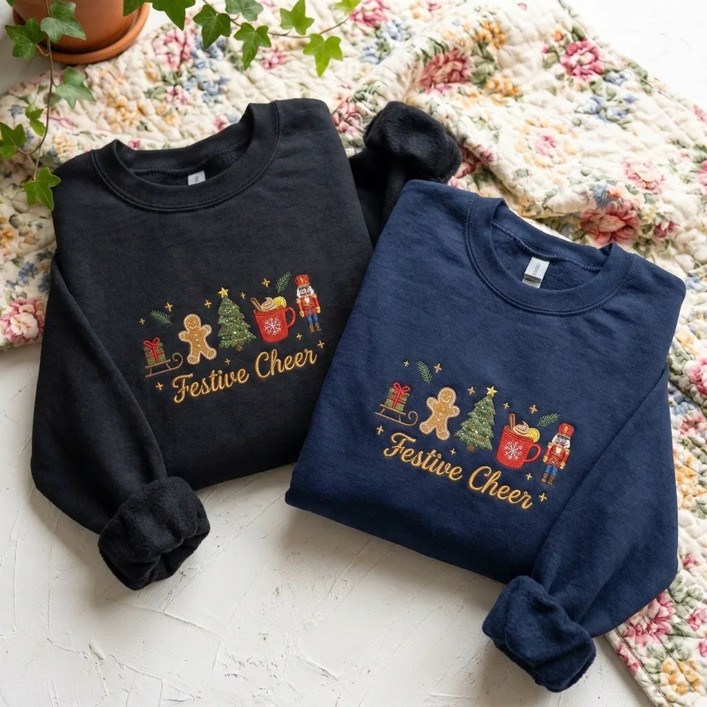 Cute Christmas Embroidered Jumper - Festive Cheer Black Sweatshirt - product photo 5