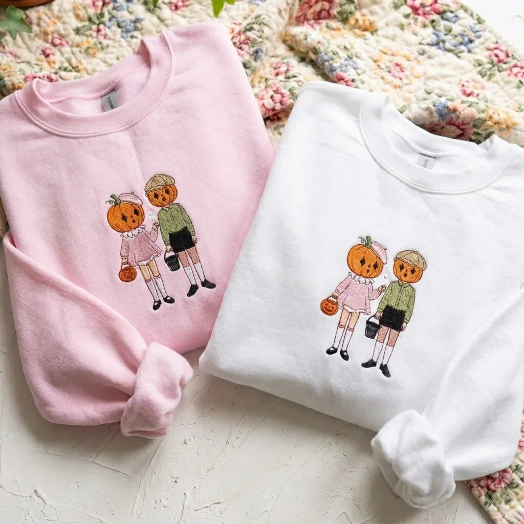 Vintage Pumpkin Head Embroidered Sweatshirt - Retro Halloween Crewneck - product photo 5