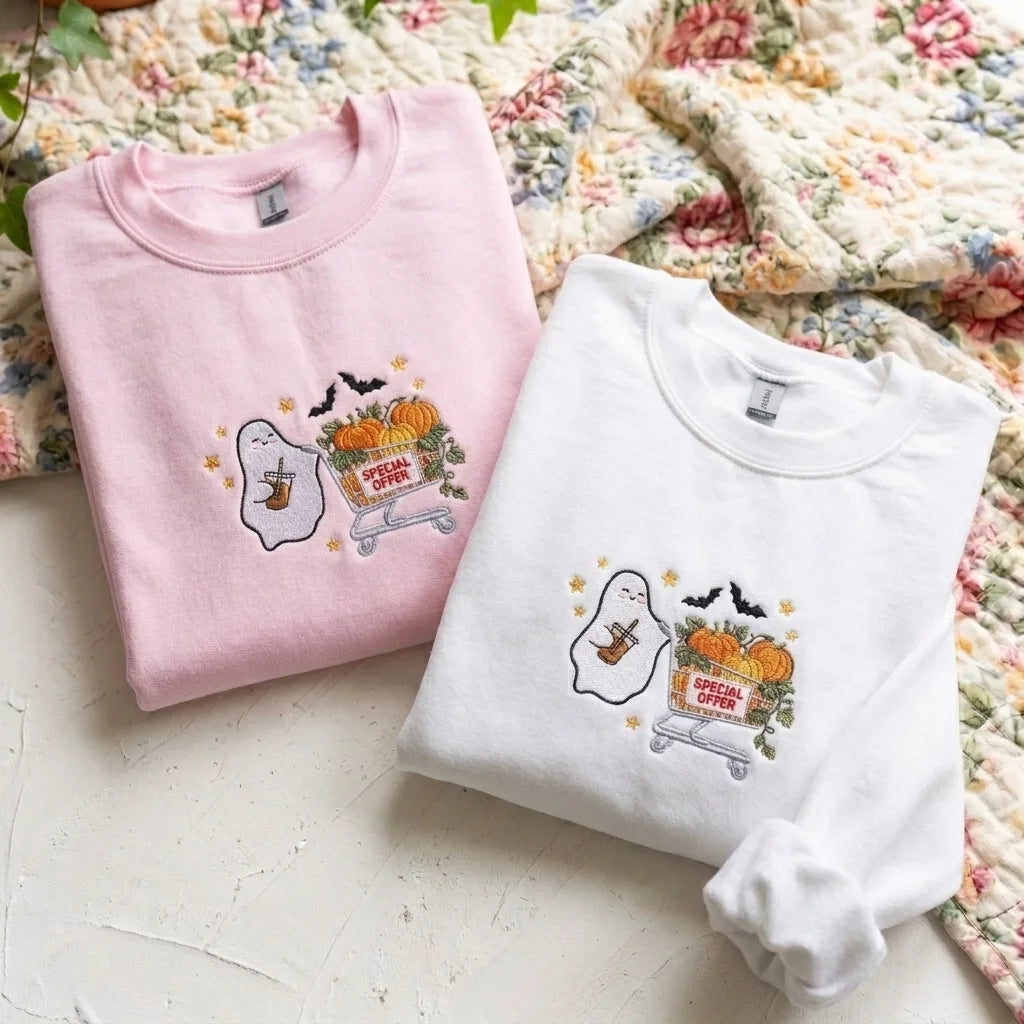 Halloween Embroidered Crewneck Sweatshirt - Cute Coffee Ghost & Pumpkins - product photo 6