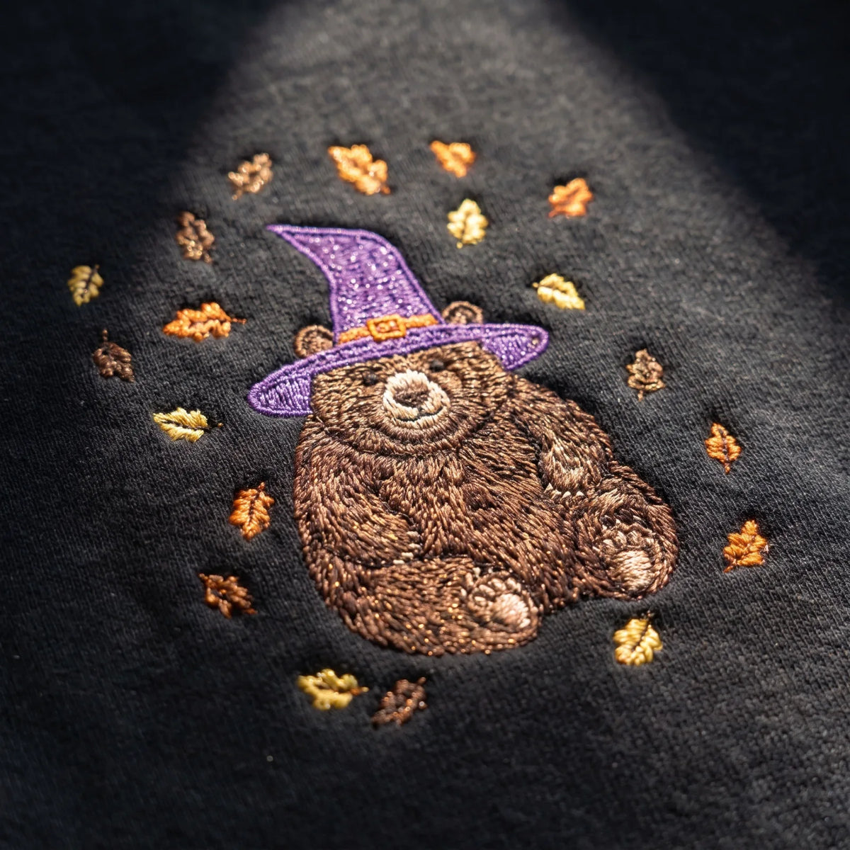 Witch Bear Embroidered Sweatshirt - Fall Leaves Crewneck - product photo 6
