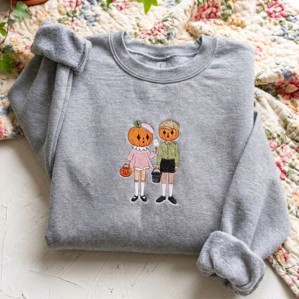 Vintage Pumpkin Head Embroidered Sweatshirt - Retro Halloween Crewneck - product photo 6