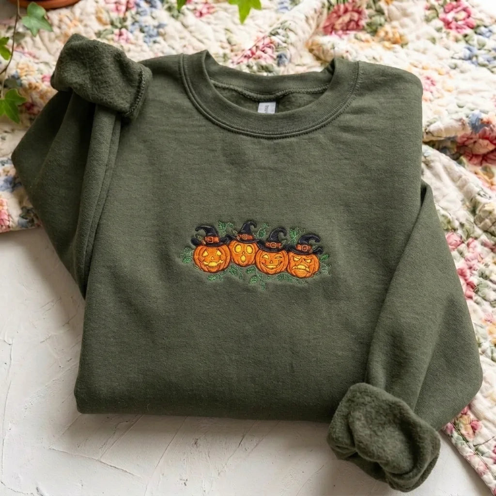 Embroidered Pumpkin Halloween Sweatshirt | Cute Jack-O-Lantern Crewneck - product photo 6