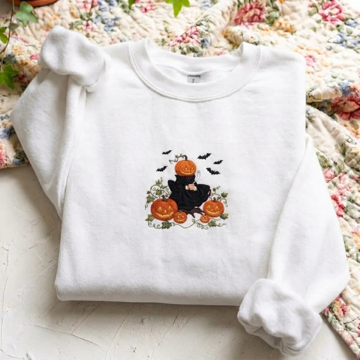 Cozy Spooky Season Embroidered Shirt | Pumpkin Coffee Lover Sweater