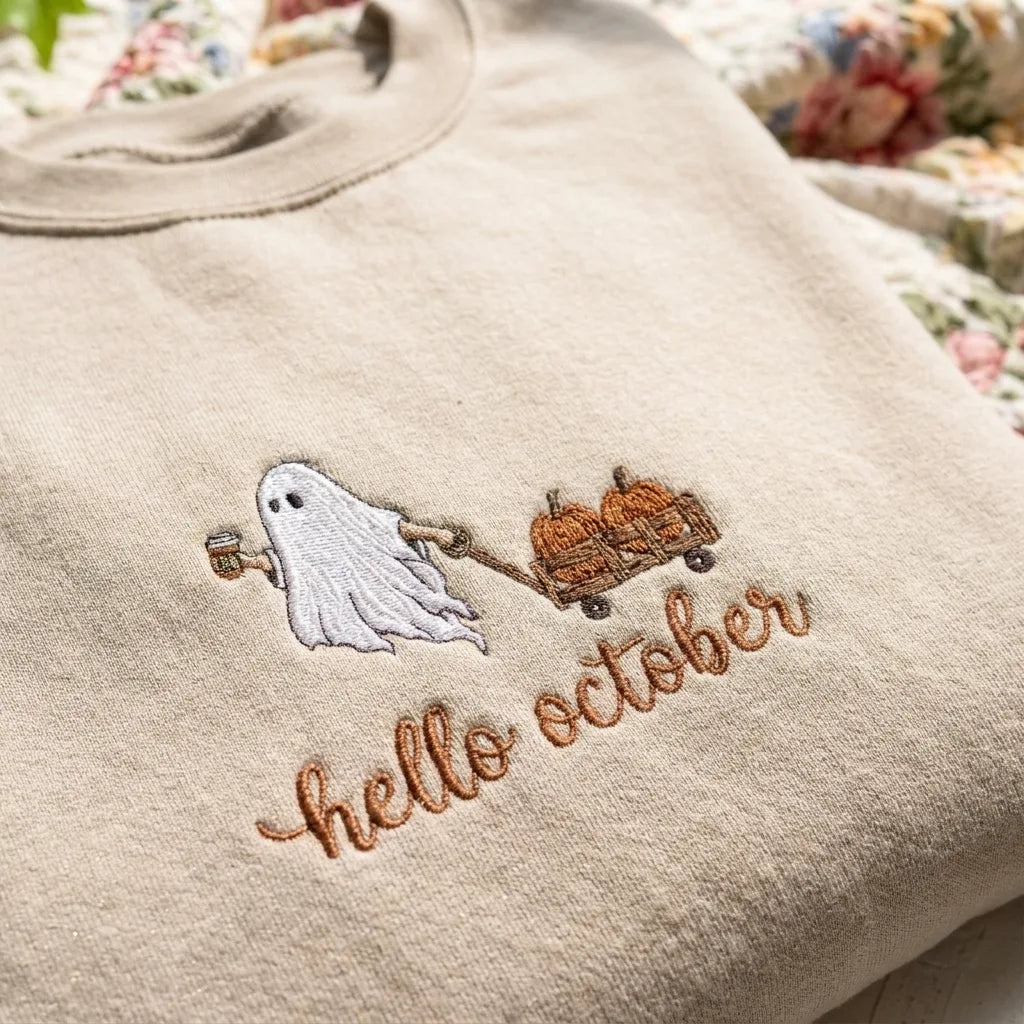 Cute Ghost & Pumpkin Wagon Embroidery Crewneck - product photo 6