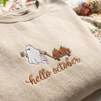 Cute Ghost & Pumpkin Wagon Embroidery Crewneck - product photo 6