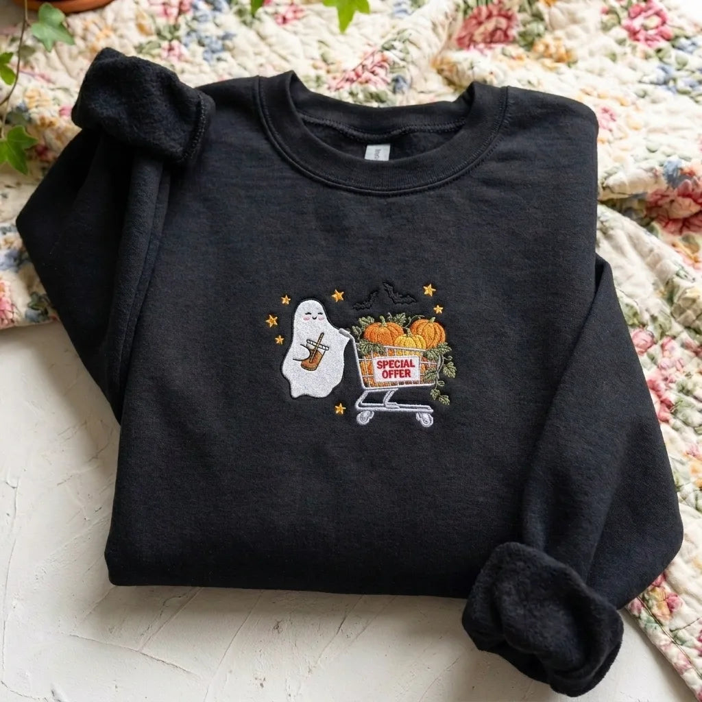 Halloween Embroidered Crewneck Sweatshirt - Cute Coffee Ghost & Pumpkins - product photo 7