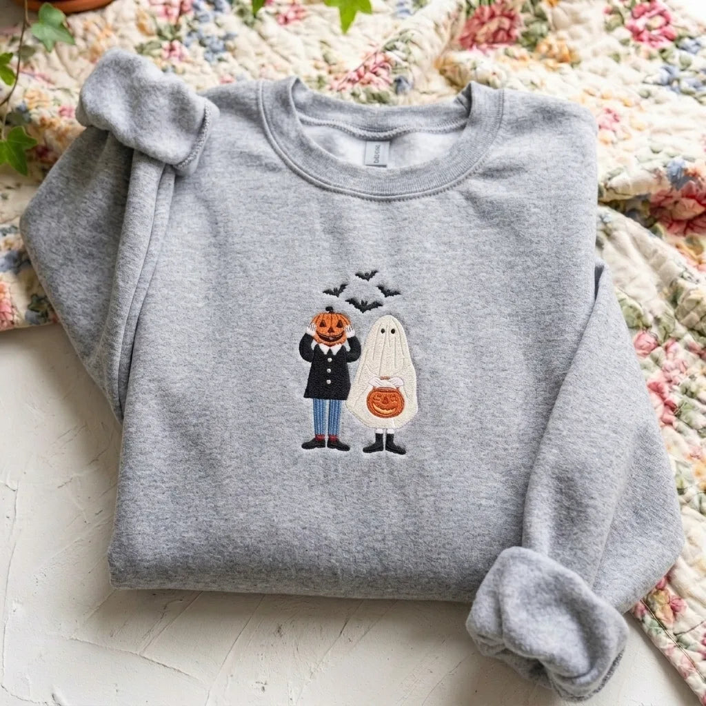Cute Ghost & Pumpkin Embroidered Sweatshirt | Spooky Season - product photo 7