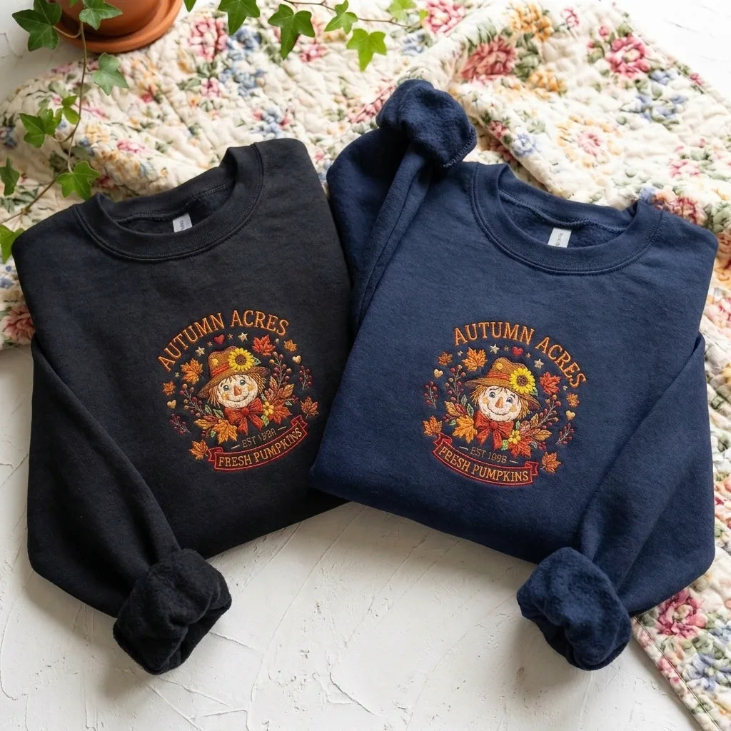 Vintage Farmhouse Scarecrow Embroidered Pullover - Dark Green Autumn Jumpe - product photo 7