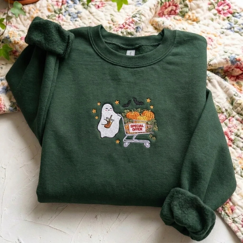 Halloween Embroidered Crewneck Sweatshirt - Cute Coffee Ghost & Pumpkins - product photo 8