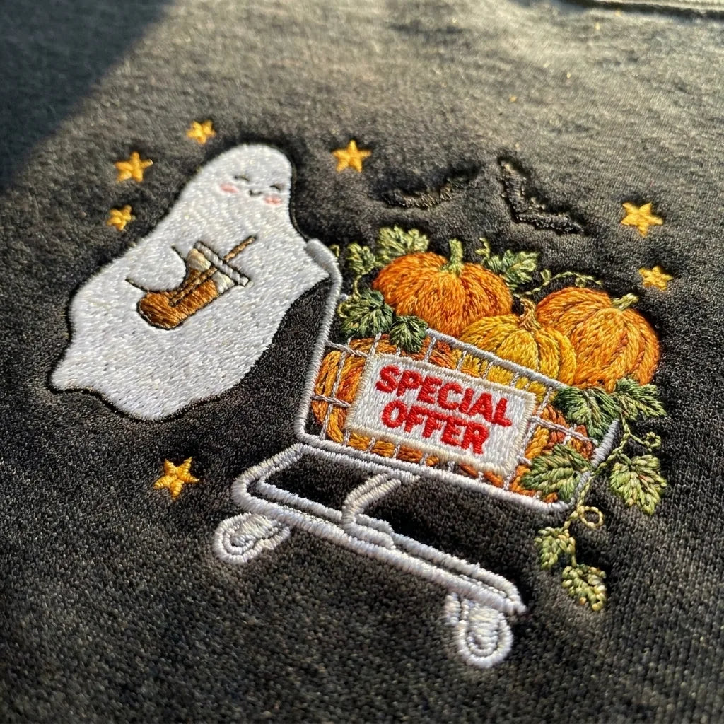 Halloween Embroidered Crewneck Sweatshirt - Cute Coffee Ghost & Pumpkins - product photo 9