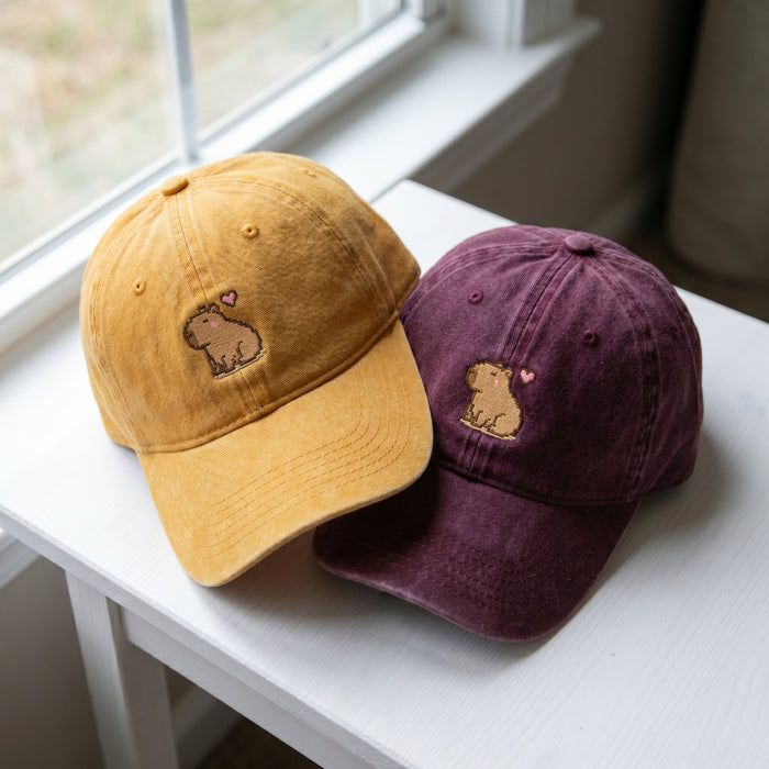 Capybara Embroidered Cap – Mustard & Maroon Dad Hat