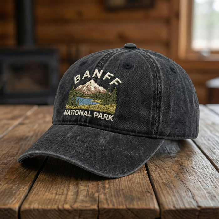 Banff National Park Embroidered Hat – Vintage Washed Dad Cap, Canada Mountain Hiking Cap, Outdoor Adventure Gift
