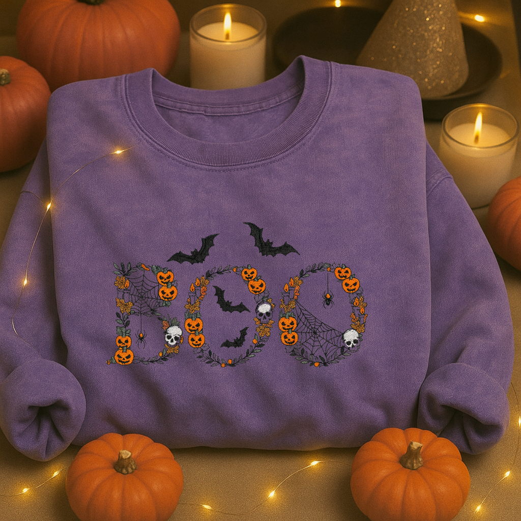 black boo halloween embroidered sweatshirt folded