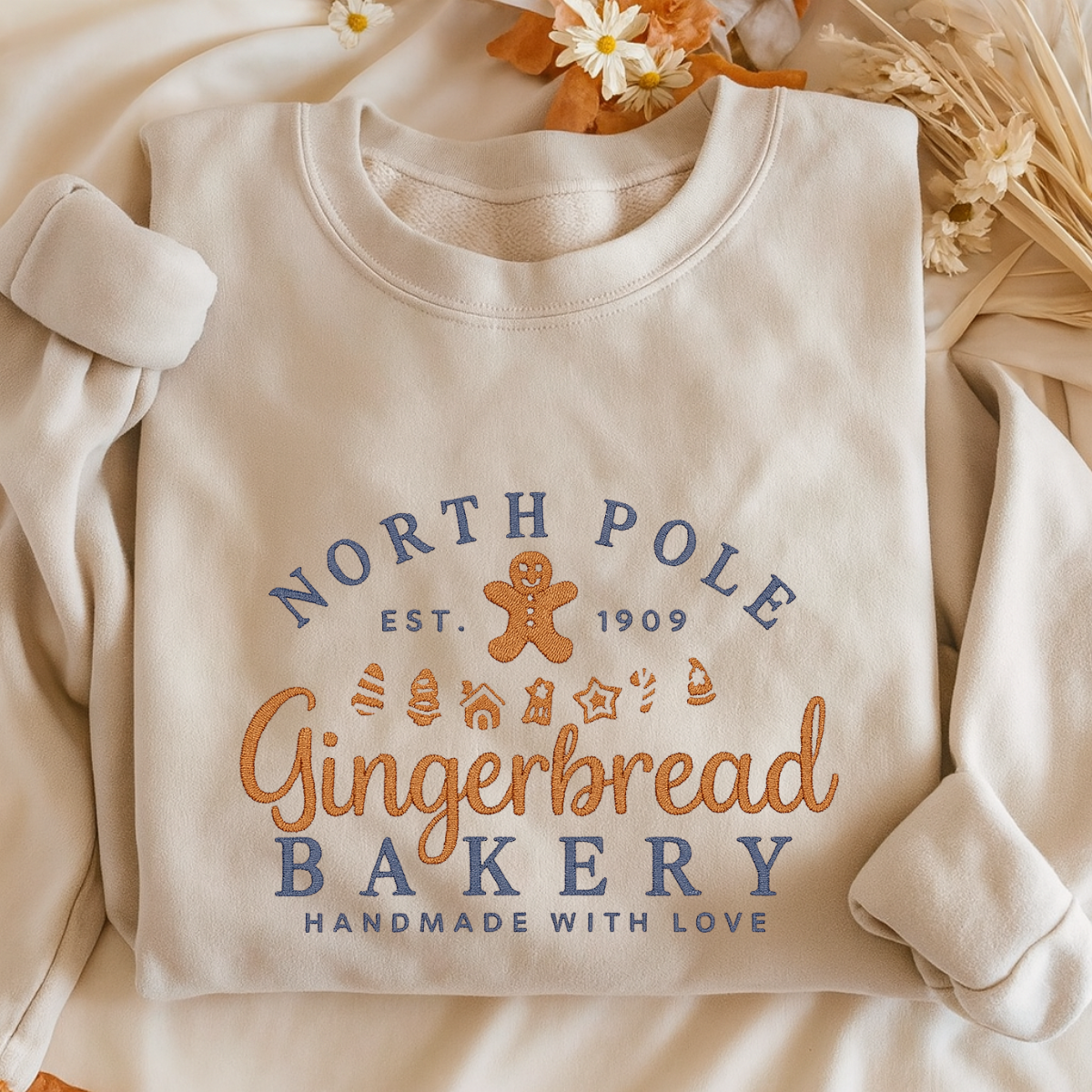 black gingerbread embroidered holiday sweatshirt folded