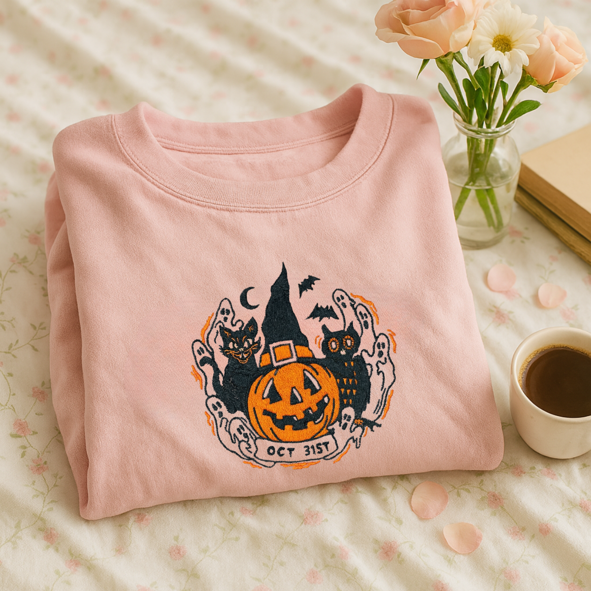 unisex halloween embroidered sweatshirt on model