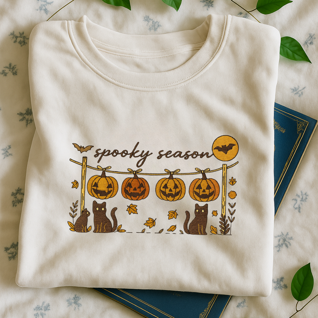 black spooky embroidered halloween pullover