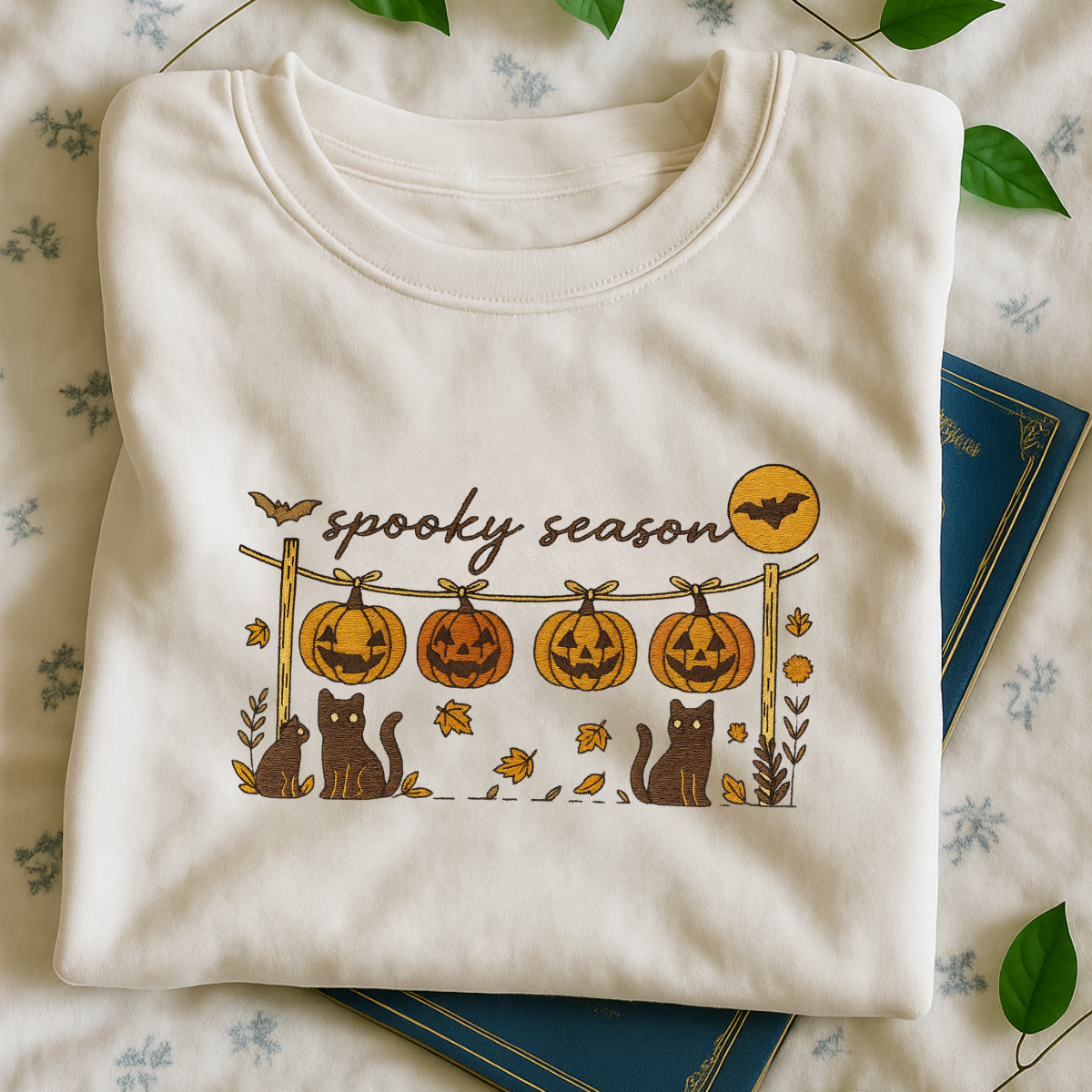 black spooky embroidered halloween pullover