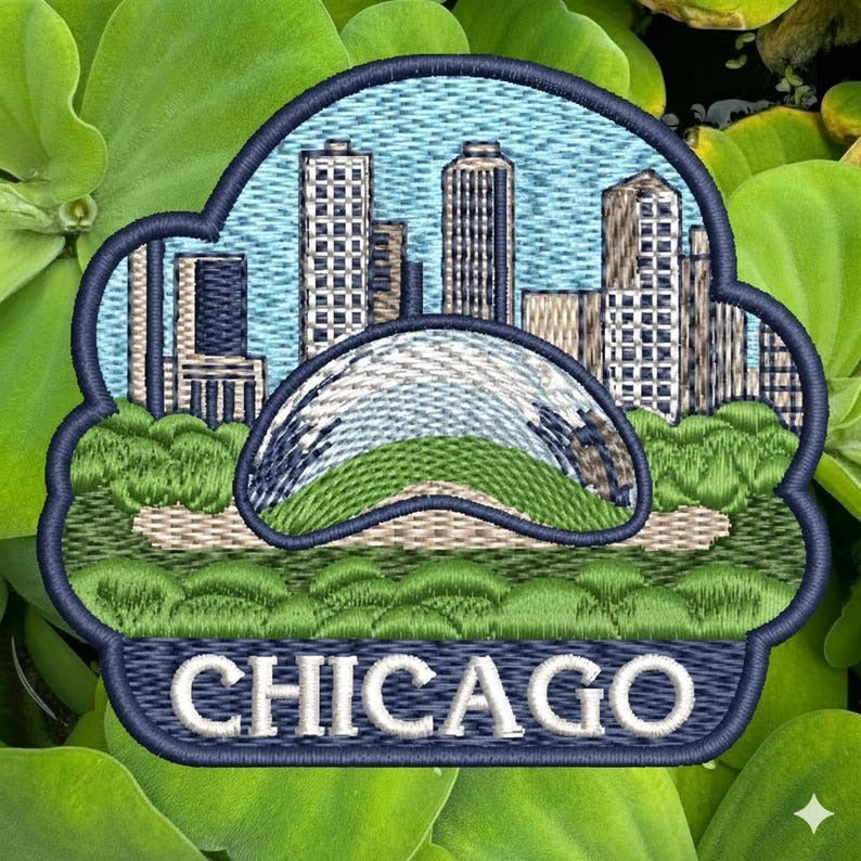 chicago embroidered travel patch with skyline and cloud gate