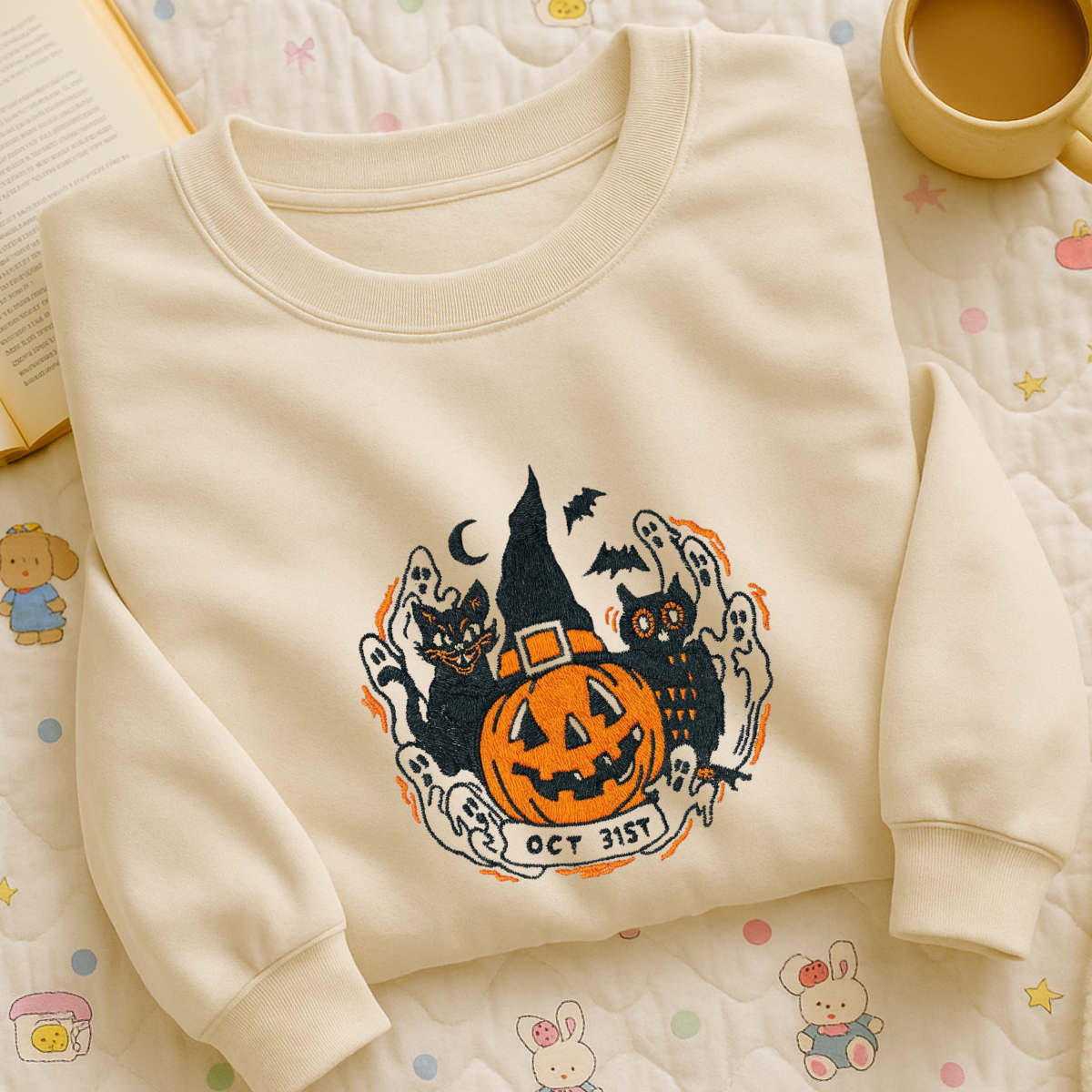cozy cotton fleece halloween embroidered sweater detail shot