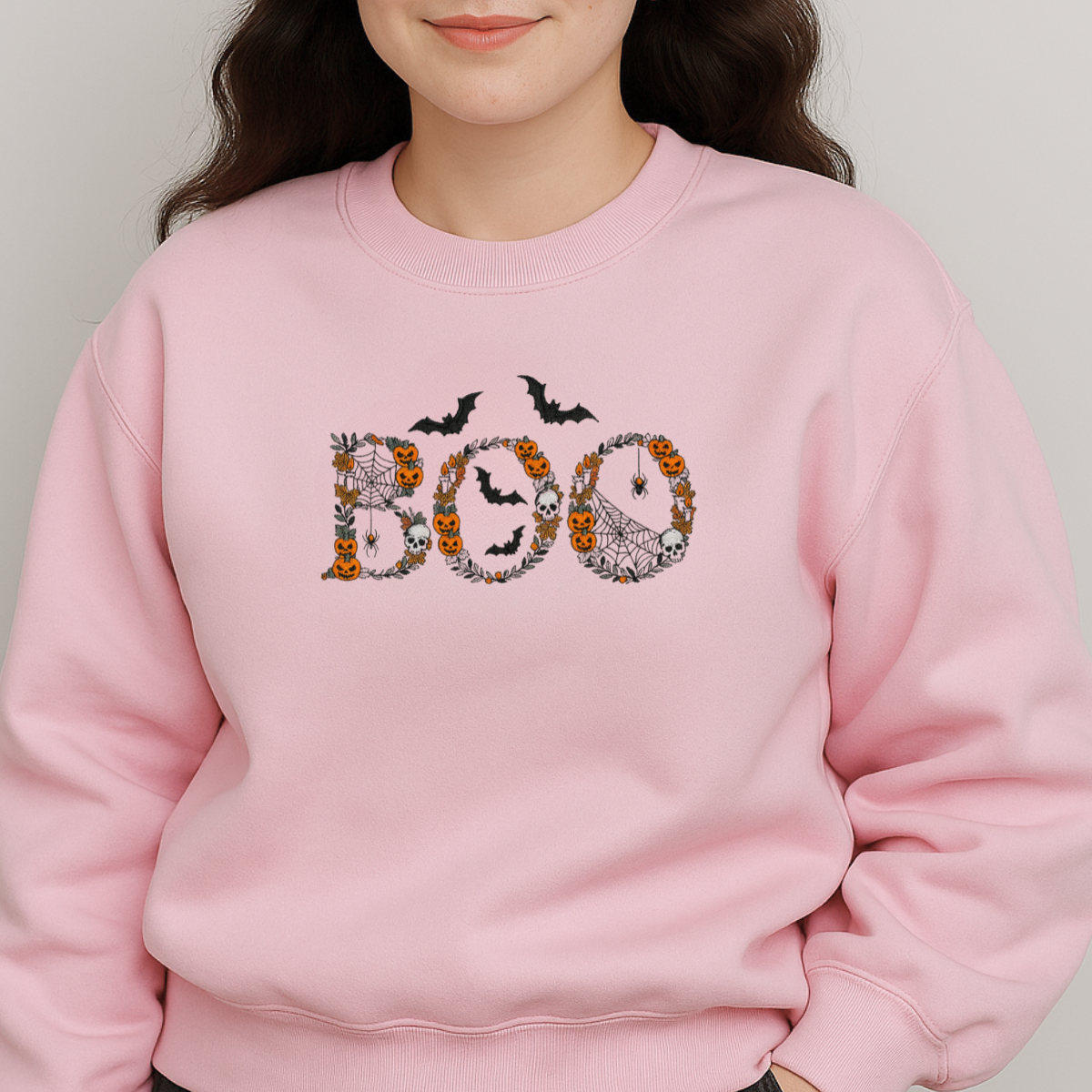 cozy fleece halloween embroidered boo sweater detail