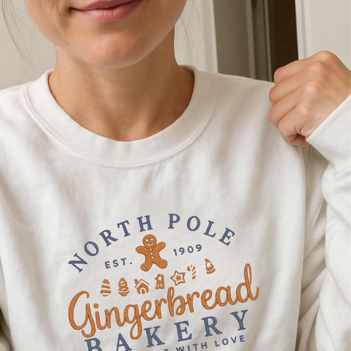 cozy fleece holiday embroidered sweatshirt detail shot