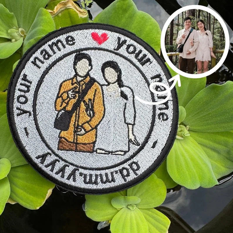custom couple portrait embroidered patch with names and date