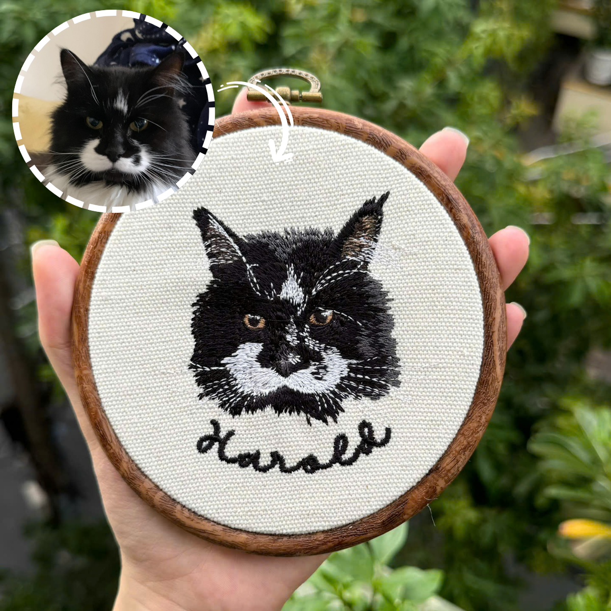 custom embroidered dog portrait wall art in wooden hoop
