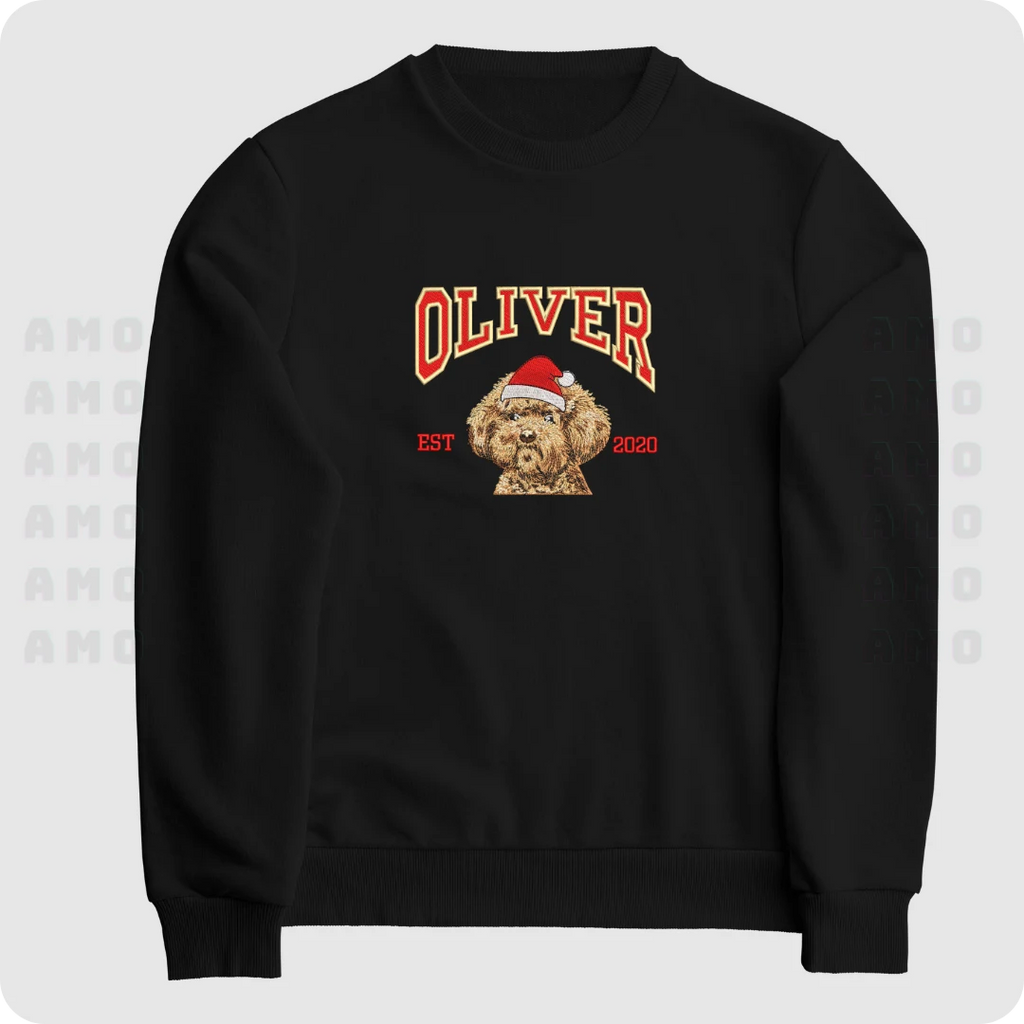 custom embroidered dog sweatshirt with dog face and name