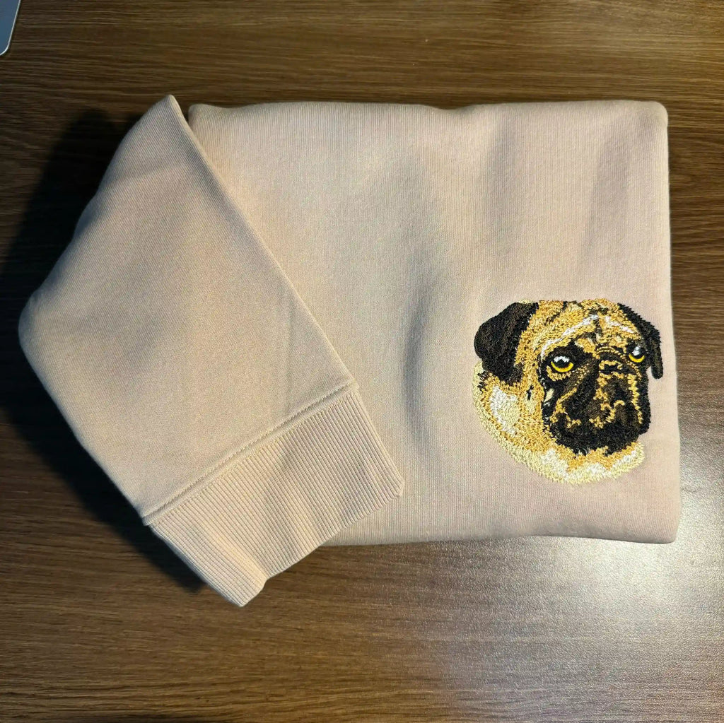 detailed pug dog embroidery on sweatshirt