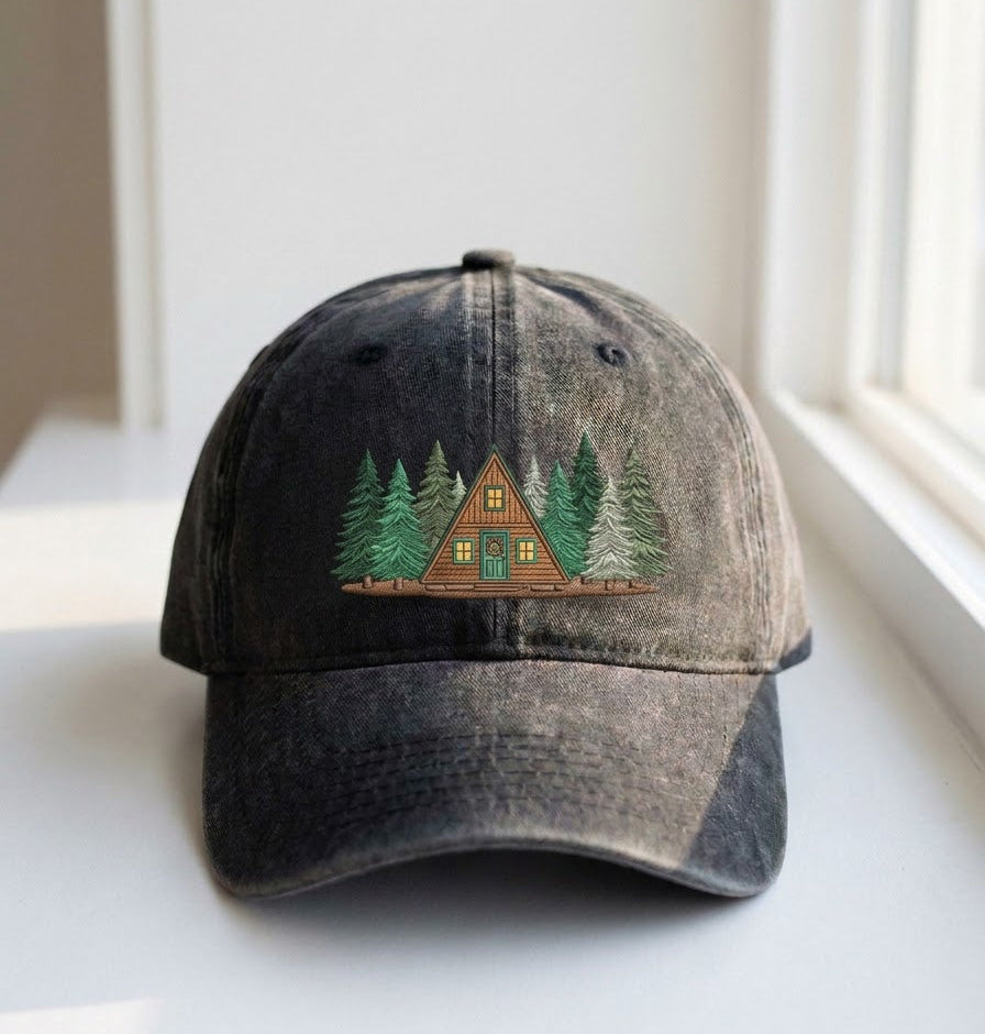 Cabin and Pine Trees Embroidered Cap