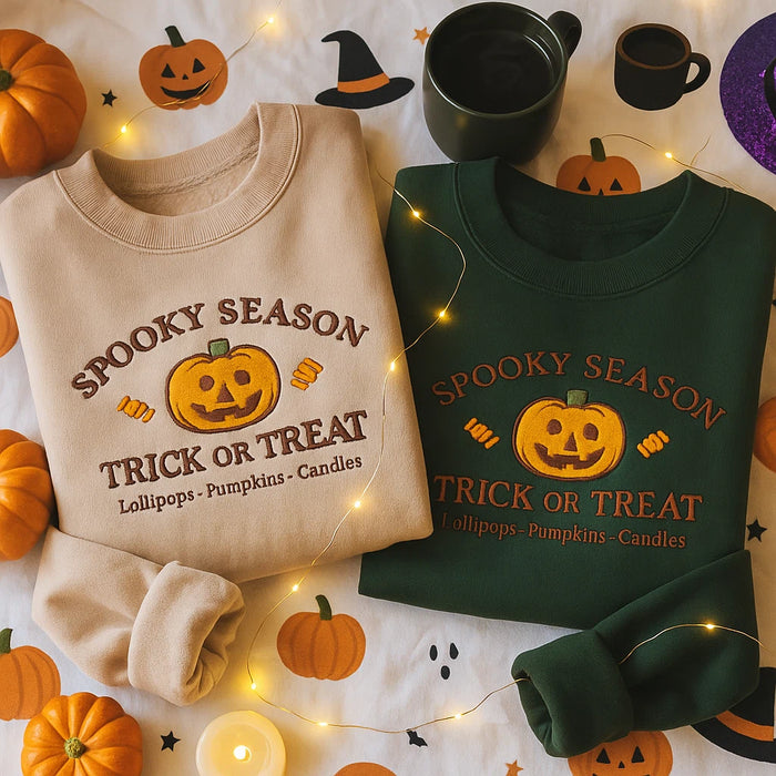 Spooky Season Embroidered Pumpkin Sweatshirt – Trick or Treat Halloween Pullover