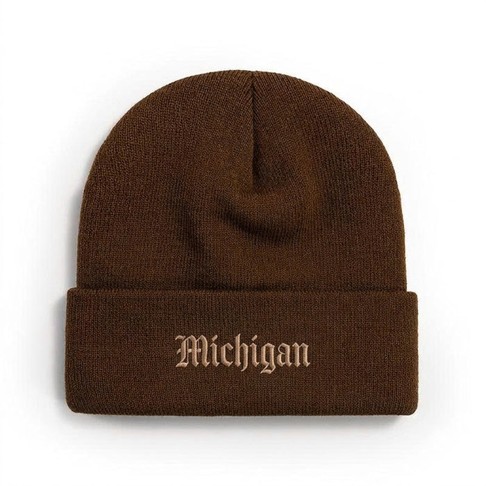 Michigan Embroidered Beanie – Brown Knit Hat