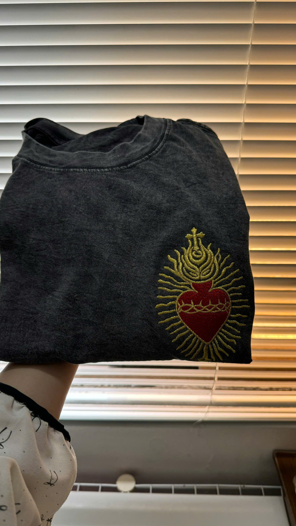 Dark gray t-shirt with a red and gold emblem held in front of window blinds.