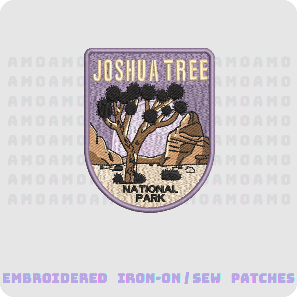 Embroidered patch depicting Joshua Tree and the words 'National Park' in a purple background.