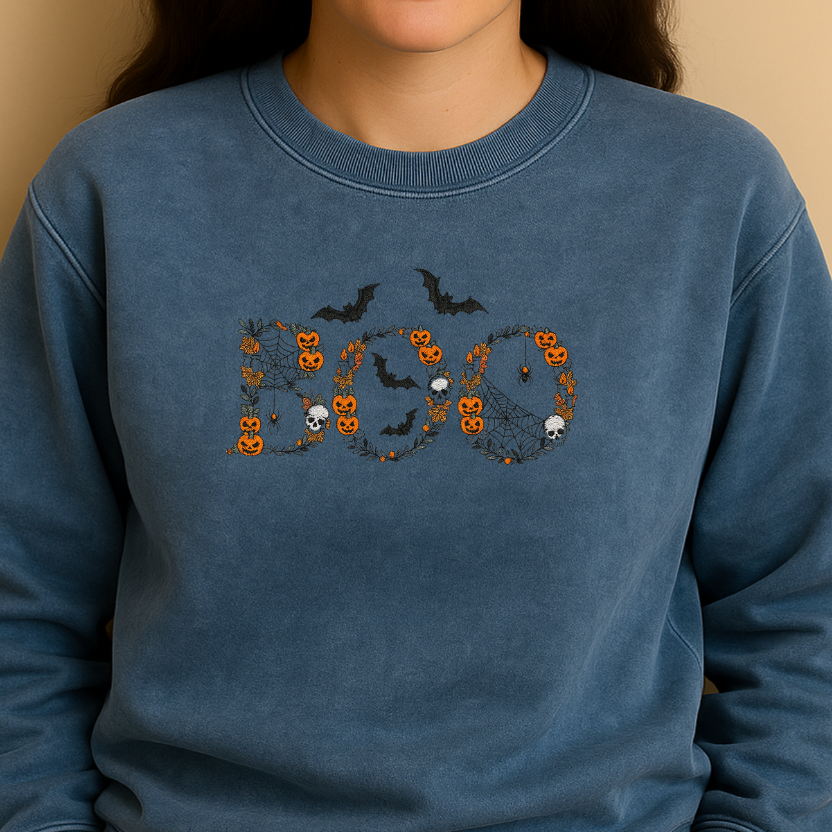 lifestyle embroidered halloween boo sweatshirt with jeans