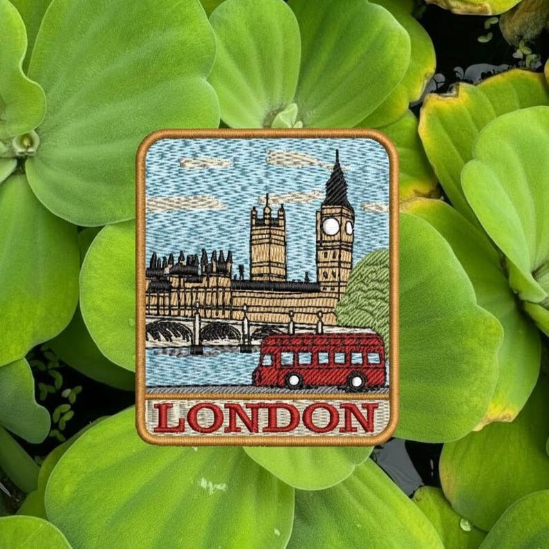london embroidered travel patch with big ben and red bus