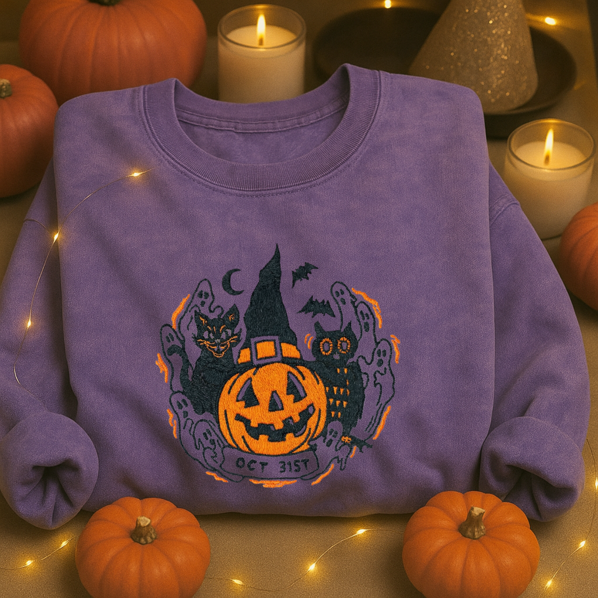 military green halloween embroidered sweatshirt flatlay
