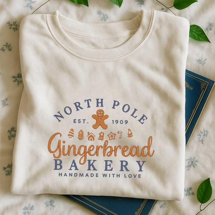 North Pole Gingerbread Bakery Embroidered Christmas Sweatshirt (Unisex) – Cozy Holiday Pullover