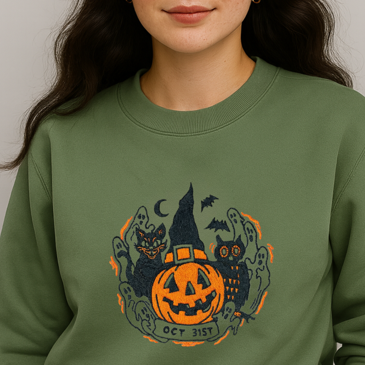 oversized unisex halloween pumpkin embroidered sweatshirt styled