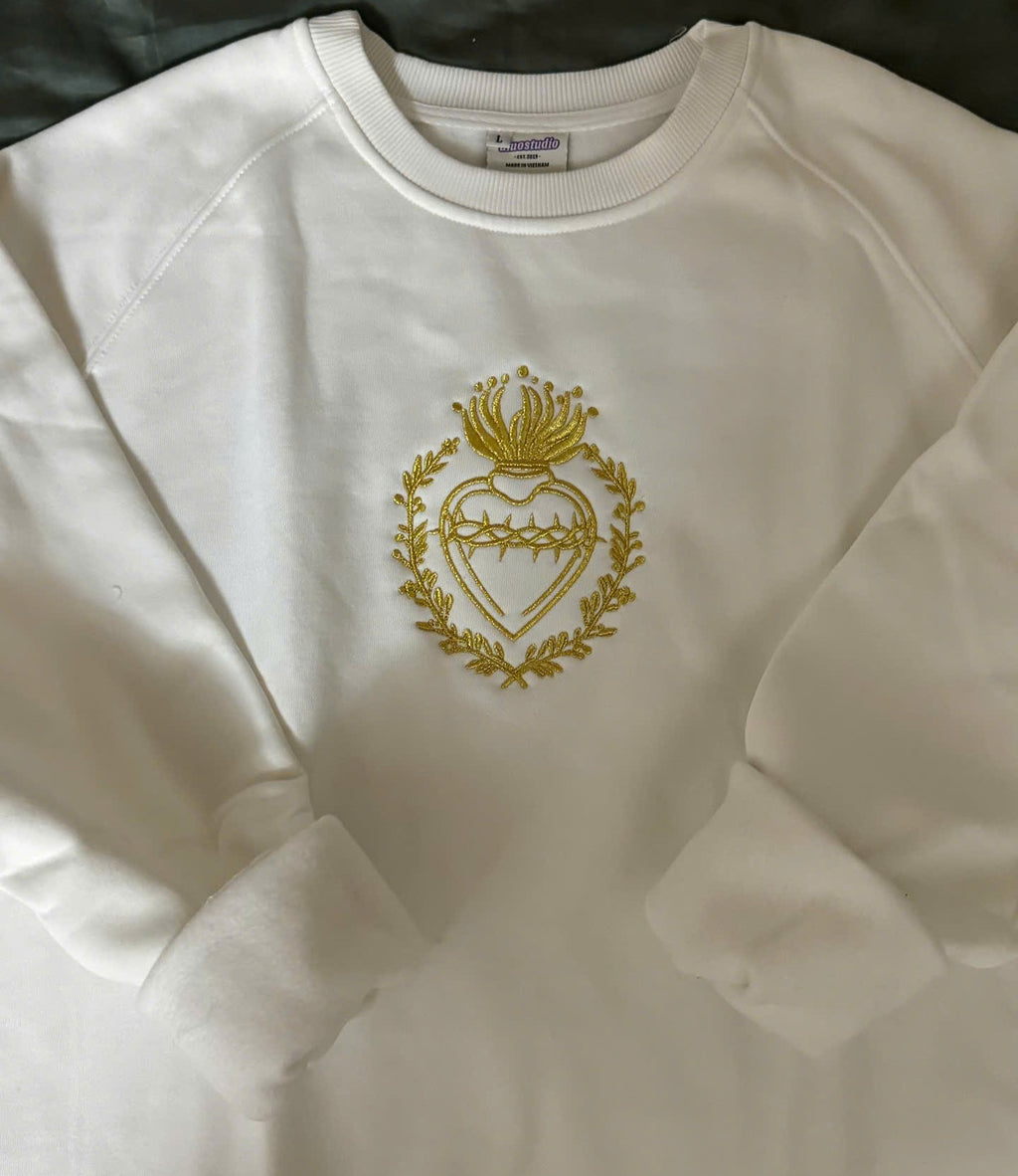 sacred heart gold embroidery sweatshirt on white crewneck