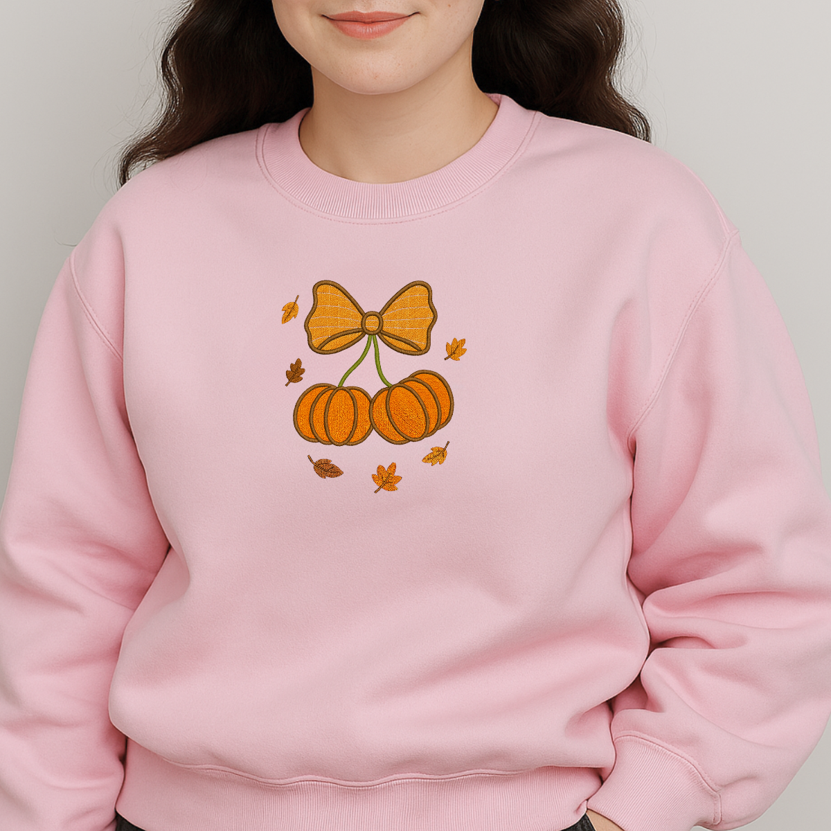 sand color pumpkin bow embroidered sweatshirt folded