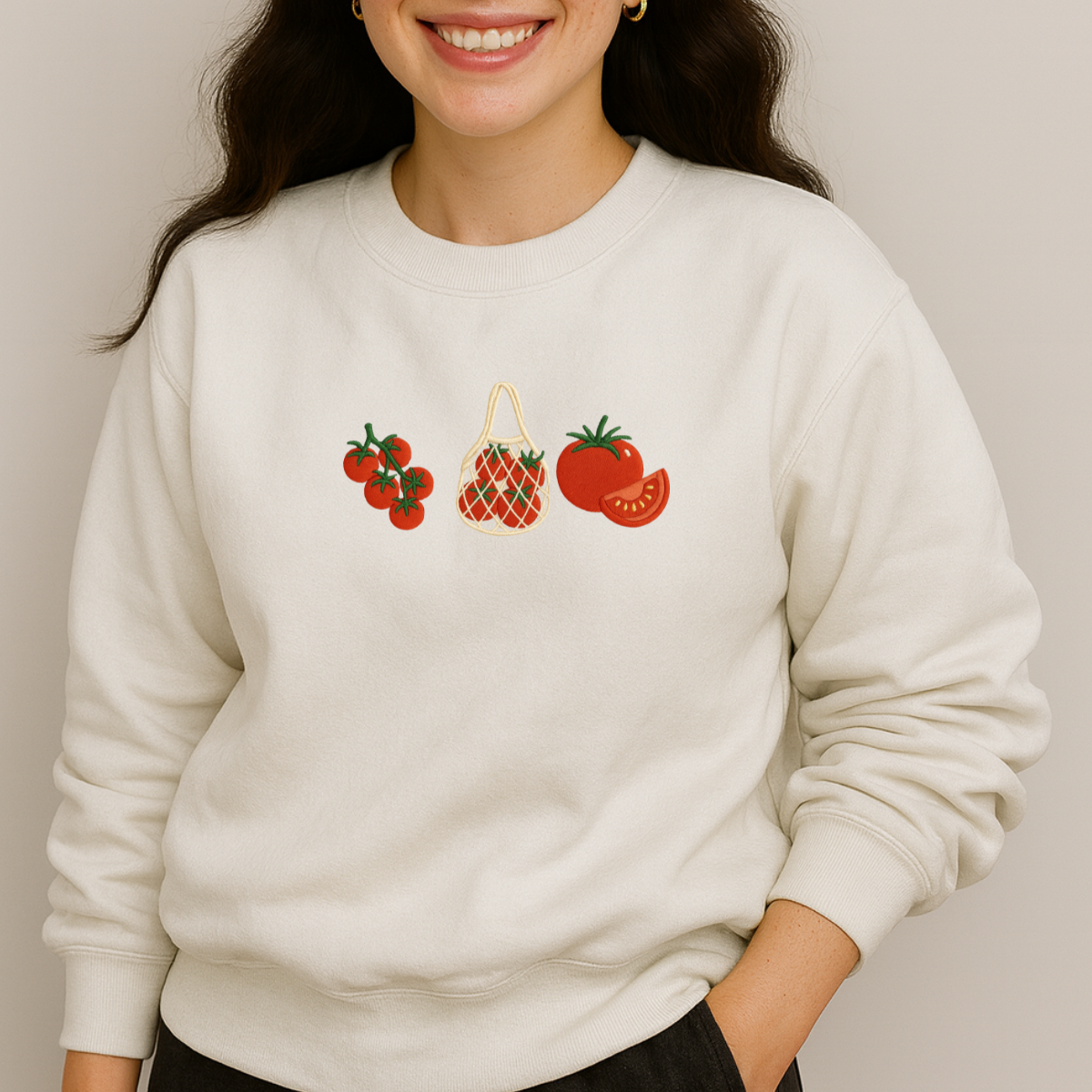 sand color tomato embroidery sweatshirt folded