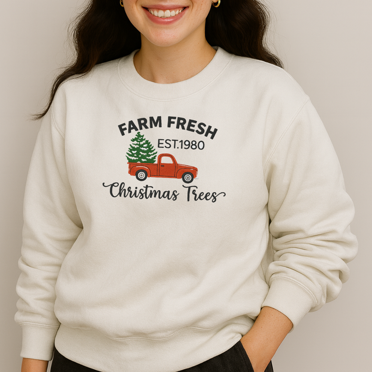 unisex christmas embroidered sweatshirt on model