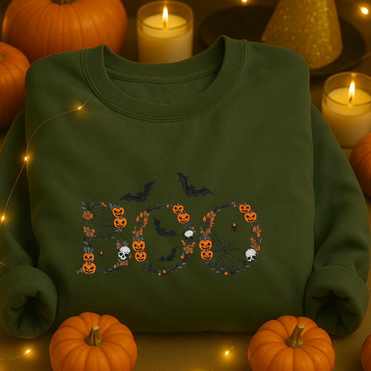 unisex embroidered halloween boo sweatshirt on model