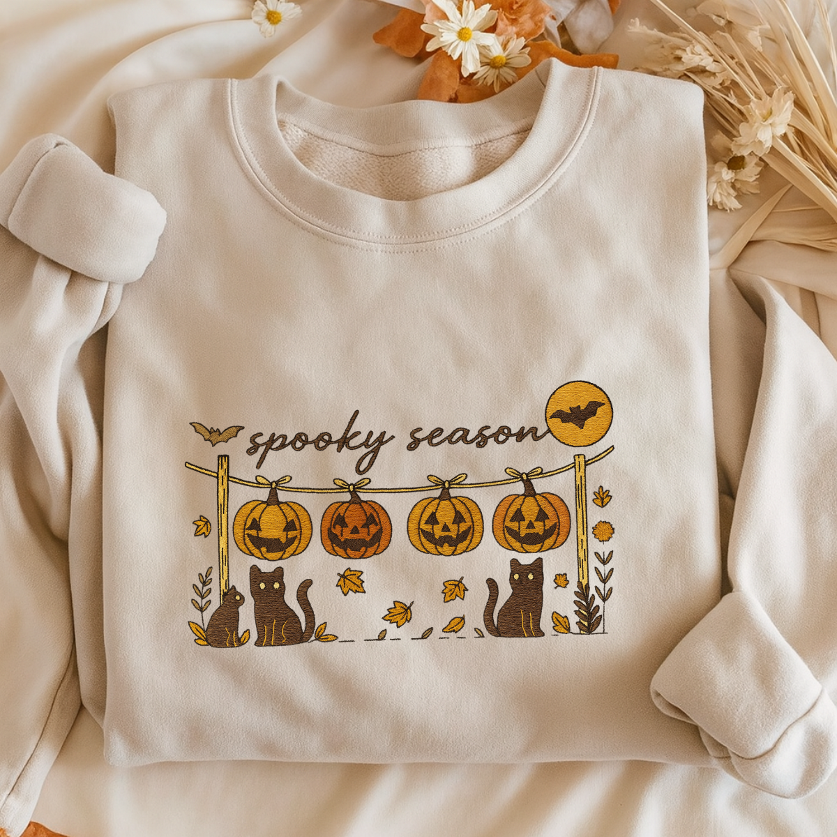 unisex halloween embroidered sweatshirt on model
