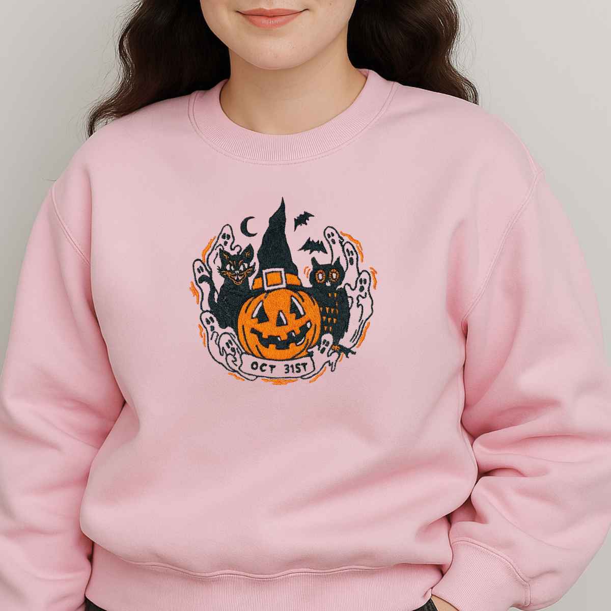 white halloween embroidered pullover with pumpkin design