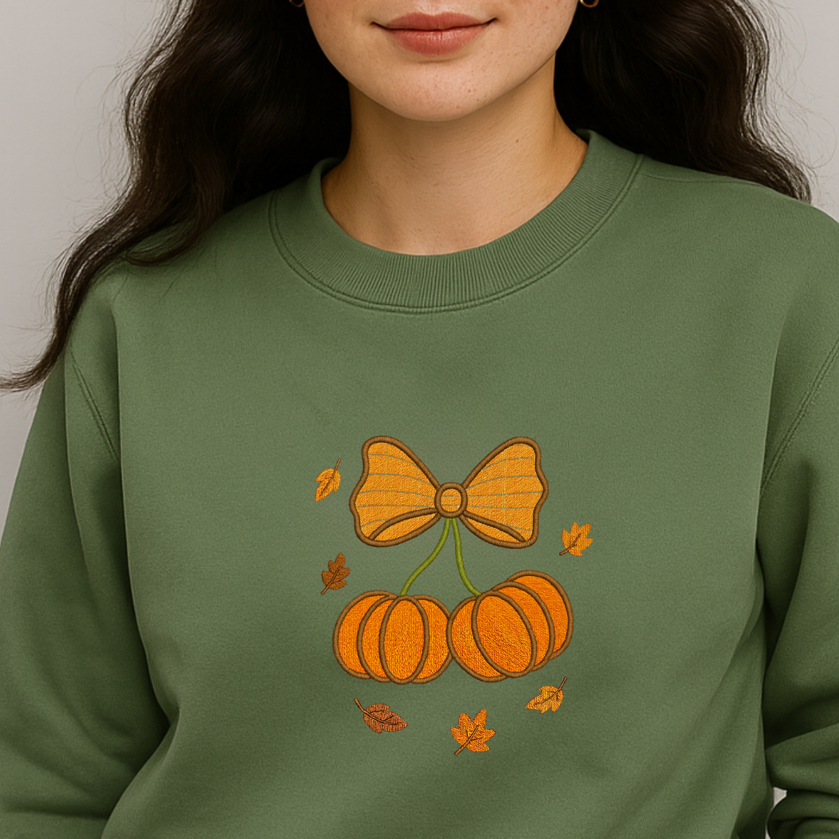 white pumpkin bow embroidered fall sweatshirt flatlay