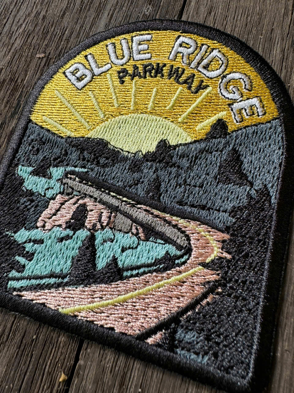 close-up detail blue ridge parkway embroidery patch