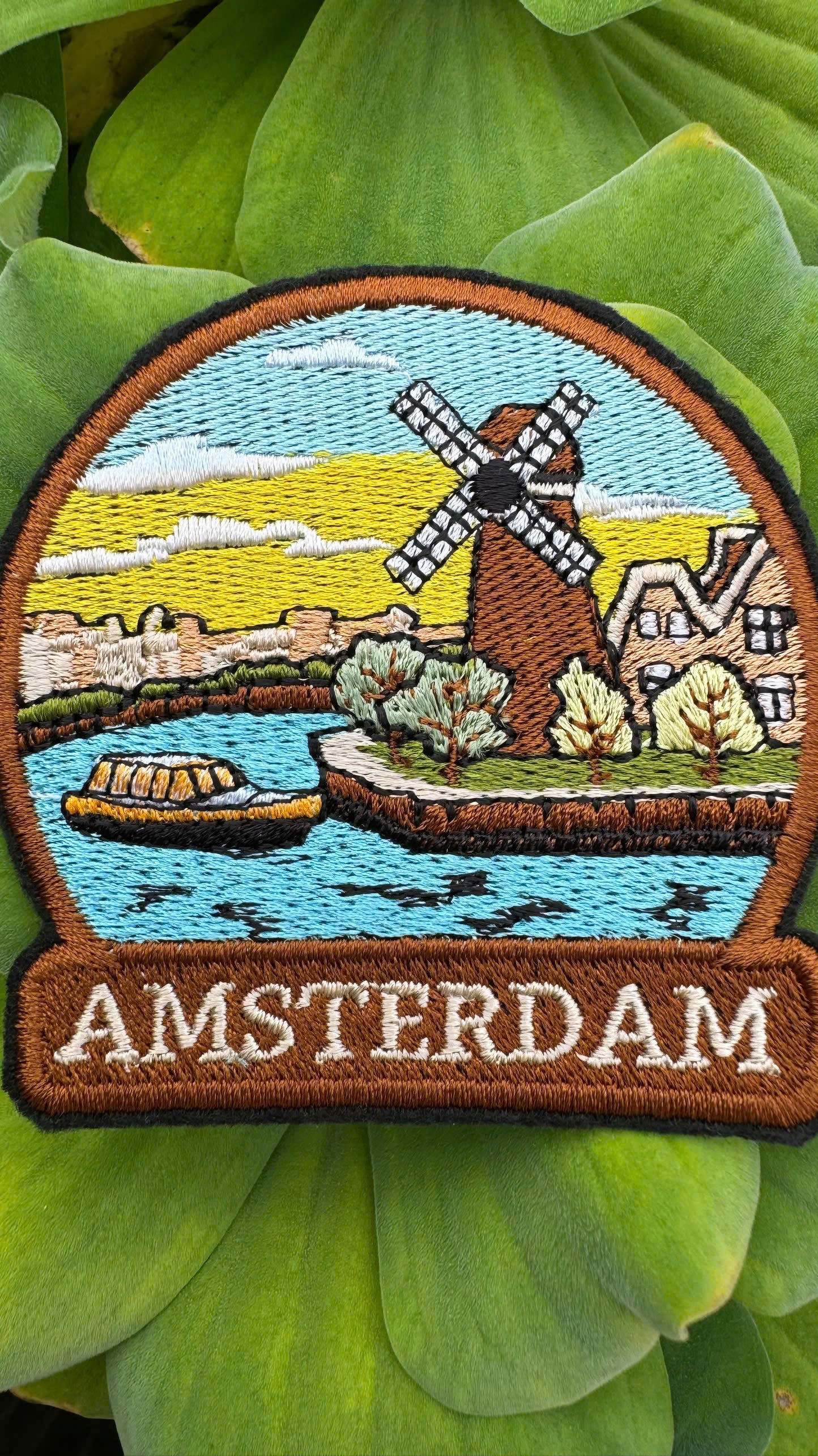 Amsterdam Embroidered Travel Patch – Windmill, Canal & Dutch Houses